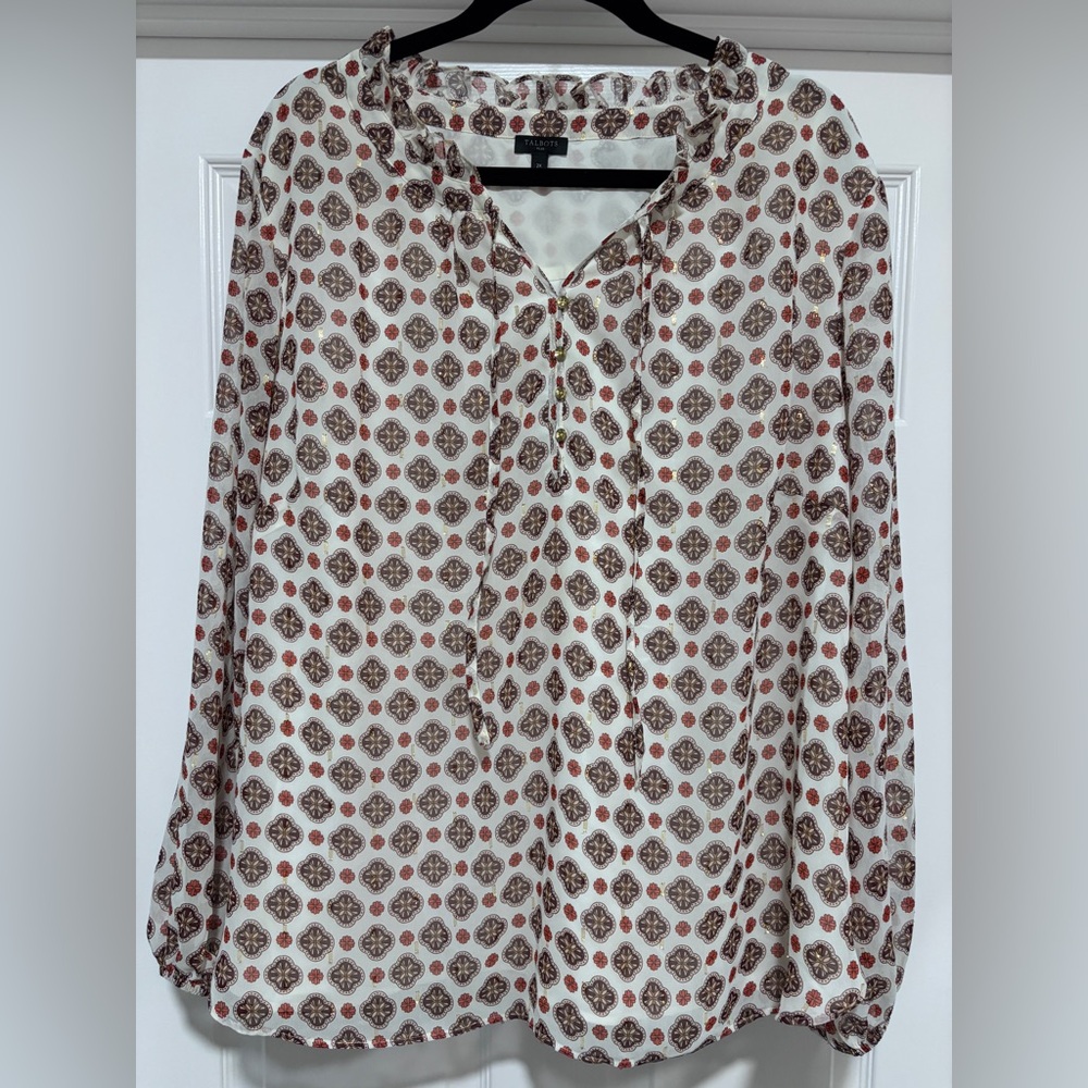 Talbots Plus 2X Boho Medallion Print Ruffle Neck Tie Peasant Cottage Blouse